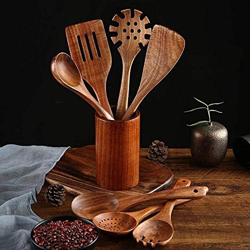 Juego de 7 de Cucharas de Madera de Acacia + Cubo contenedor