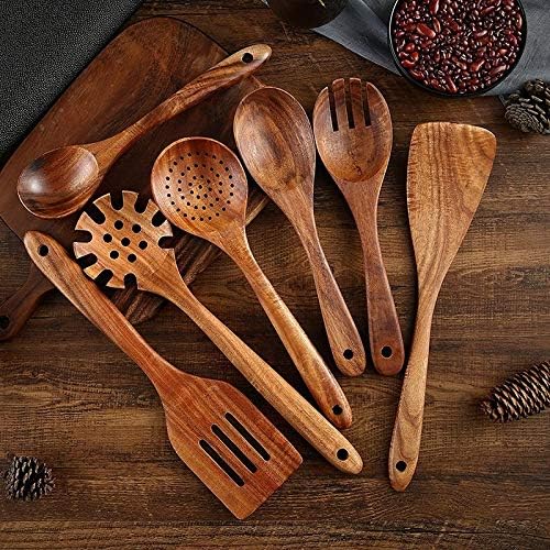 Juego de 7 de Cucharas de Madera de Acacia + Cubo contenedor