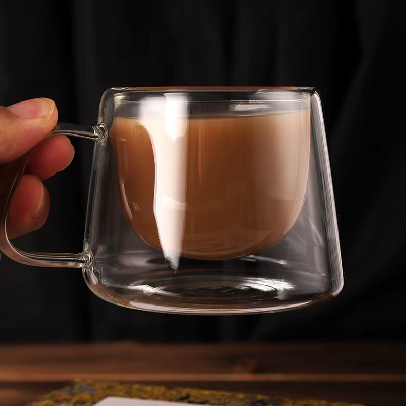 Taza de café de vidrio de doble pared transparente hecha a mano