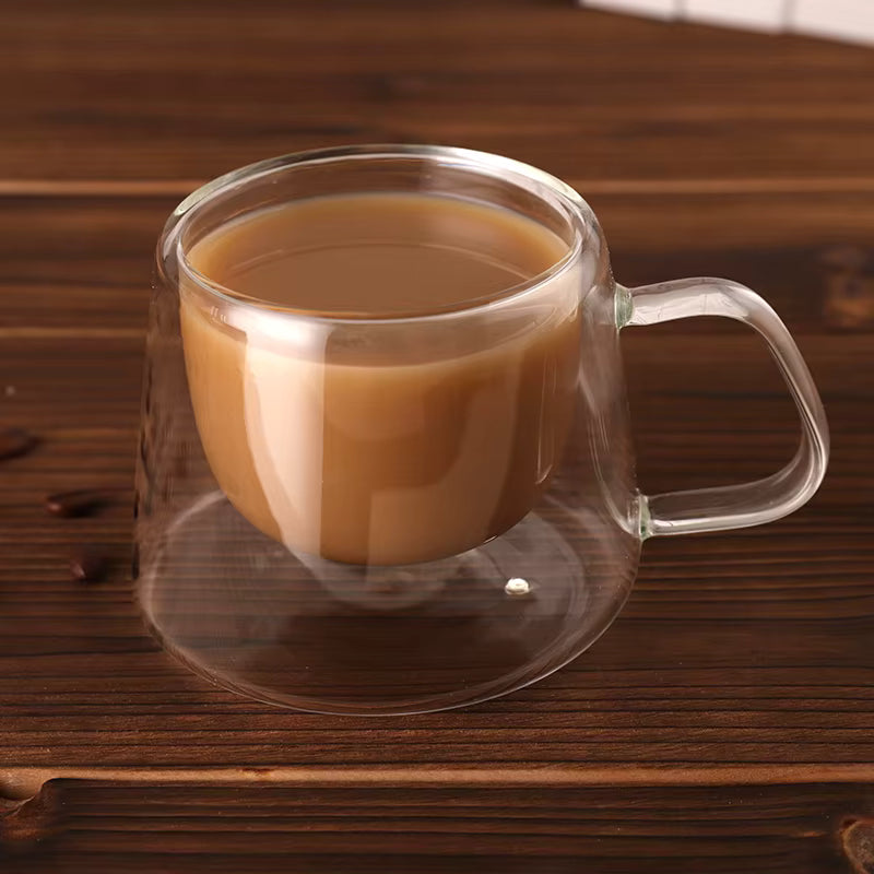 Taza de café de vidrio de doble pared transparente hecha a mano
