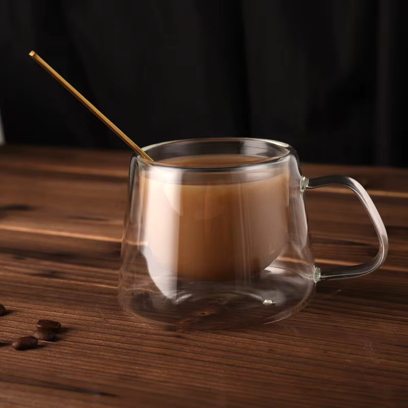 Taza de café de vidrio de doble pared transparente hecha a mano