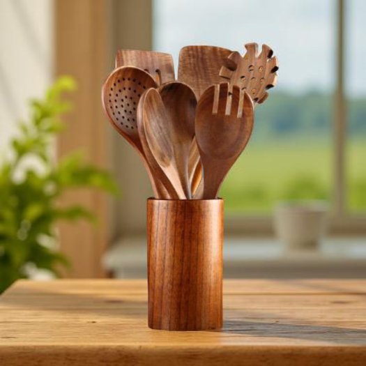 Juego de 7 de Cucharas de Madera de Acacia + Cubo contenedor