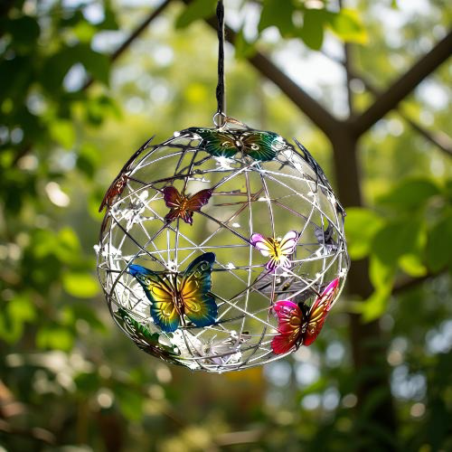 Lámpara solar de jardín redonda, de malla tejida con mariposas, resistente al agua